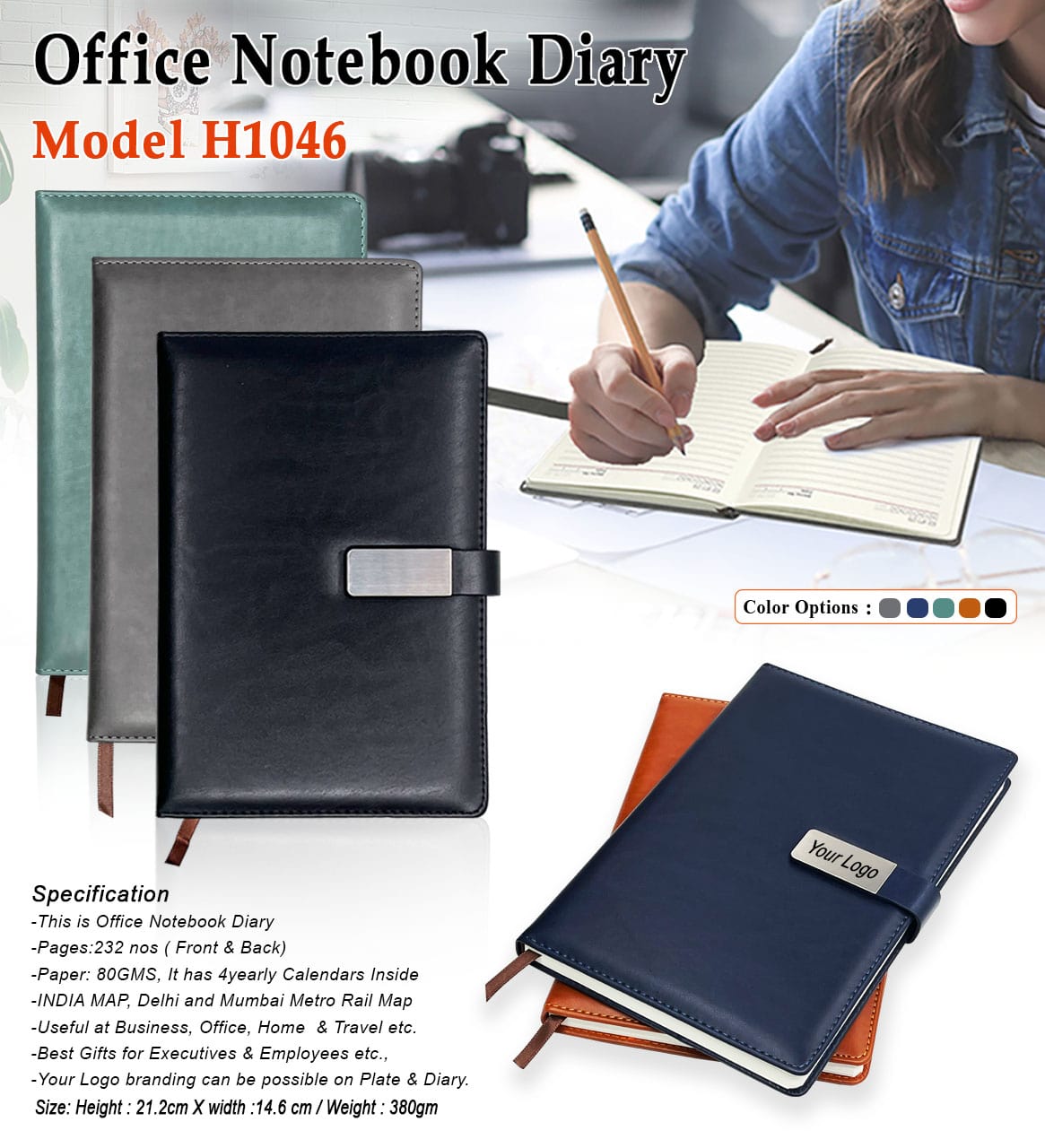 Premium PU Leather Office Notebook Diary with Metal Logo Plate – Model H1046