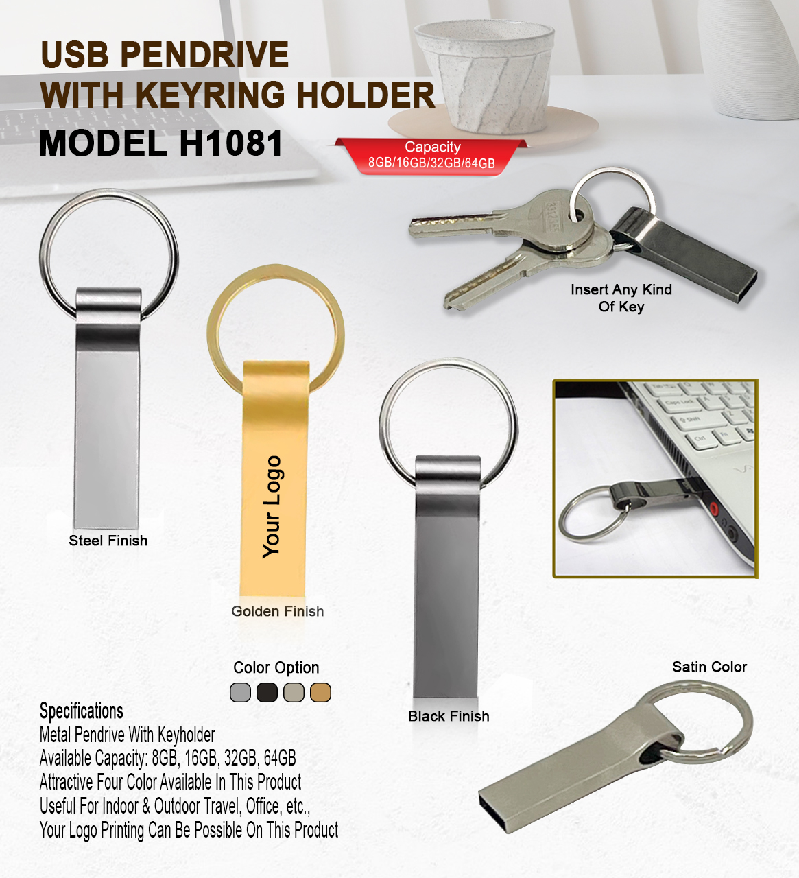 USB Pendrive with Keyring - Gold