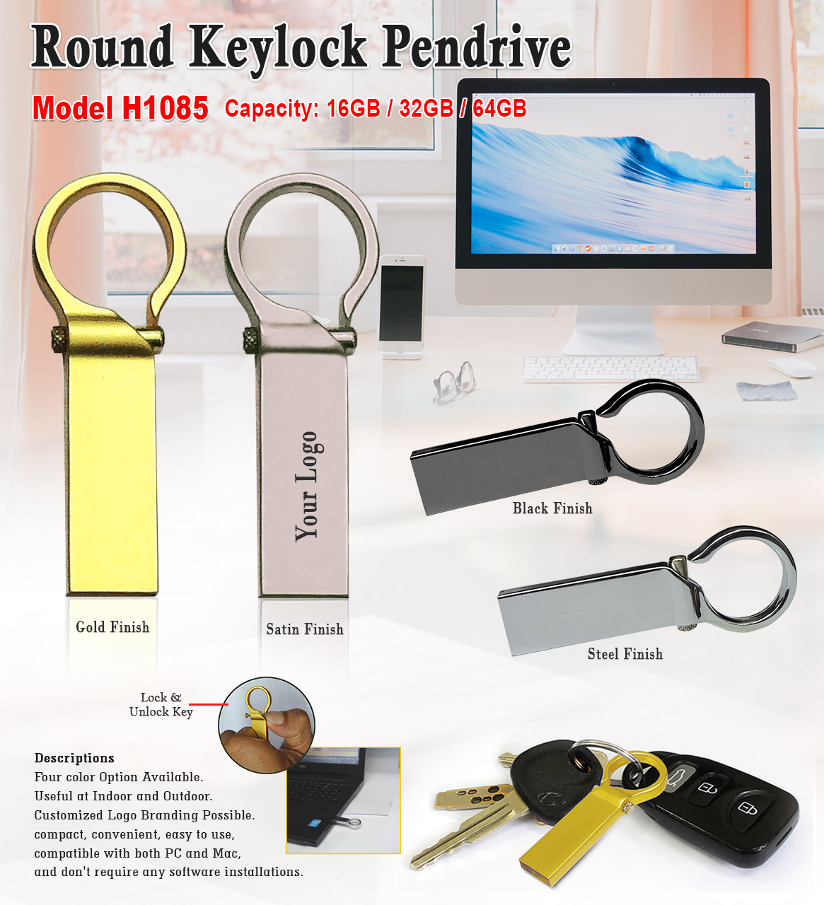 Round Keylock Pendrive -  Gold
