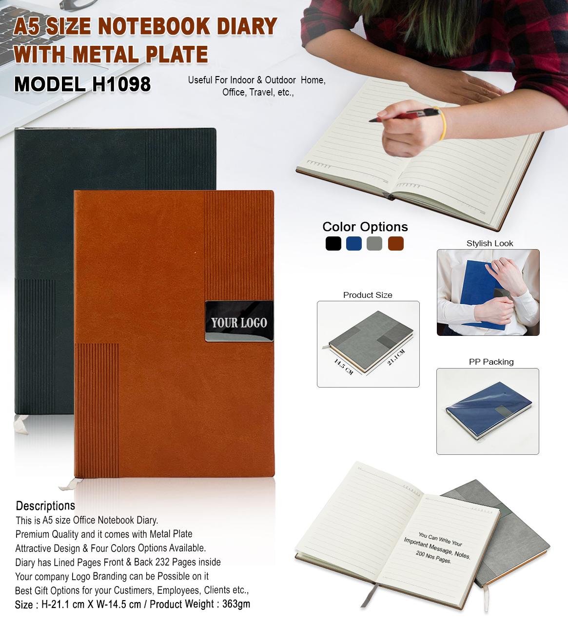 A5 Size Notebook Diary With Metal Plate For Logo Branding