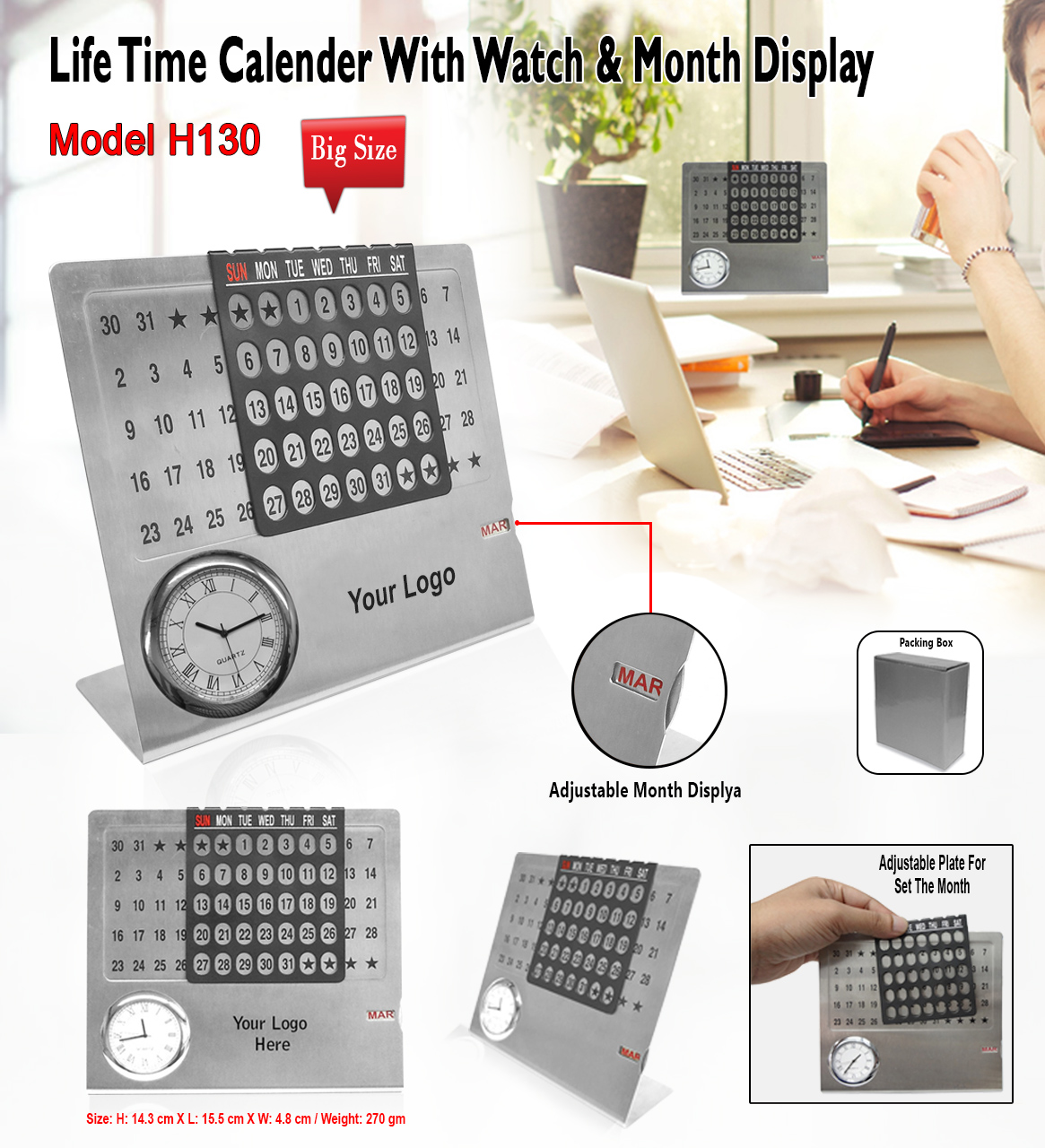 Life Time Calender with watch and Month Display