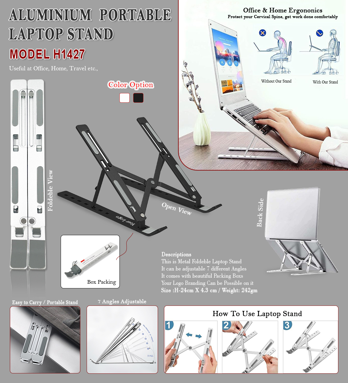 H1427 Premium Aluminium Foldable Laptop Stand for Corporate Gifting & Executive Workstations