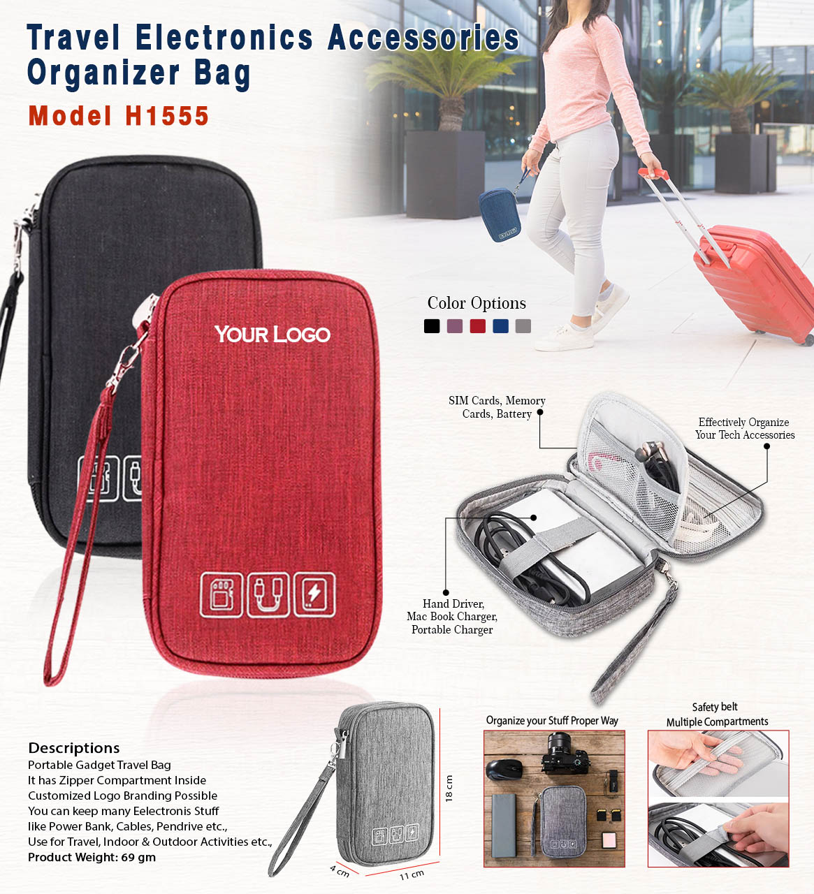 H1555 Travel Electronics Accessories Organizer Bag for Corporate Gifting & Tech Travel Essentials