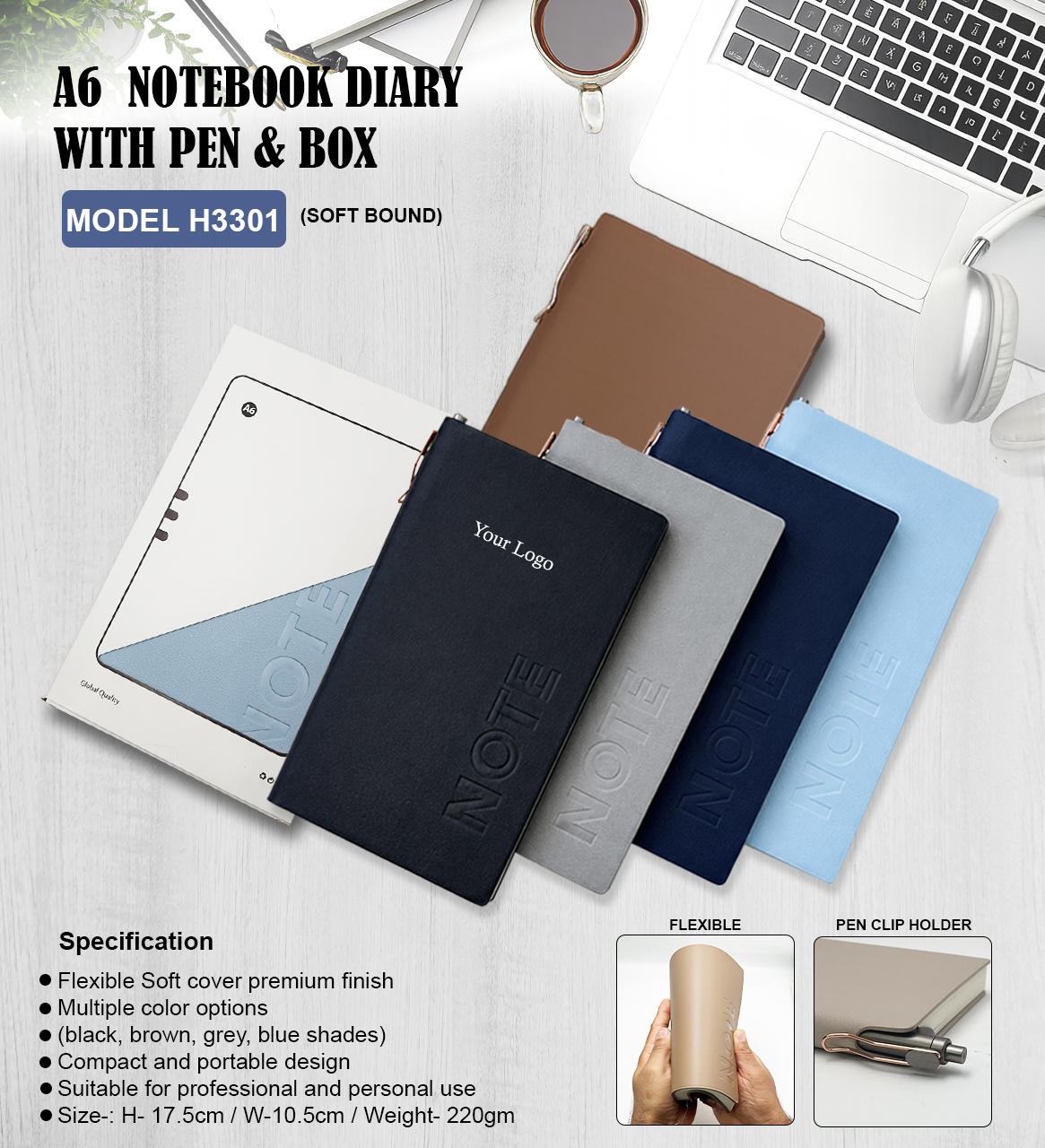 H3301 A6 Premium Soft Bound Notebook Diary with Pen & Gift Box for Corporate Gifting & Business Branding