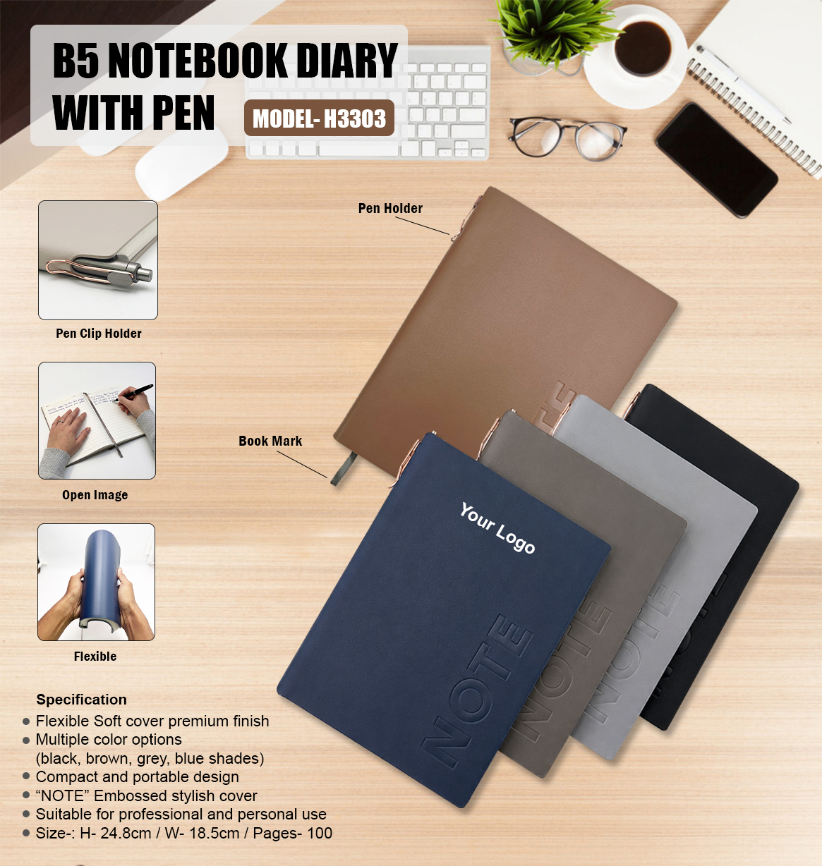 H3303 Premium B5 Notebook Diary with Pen Holder for Corporate Gifting & Executive Branding