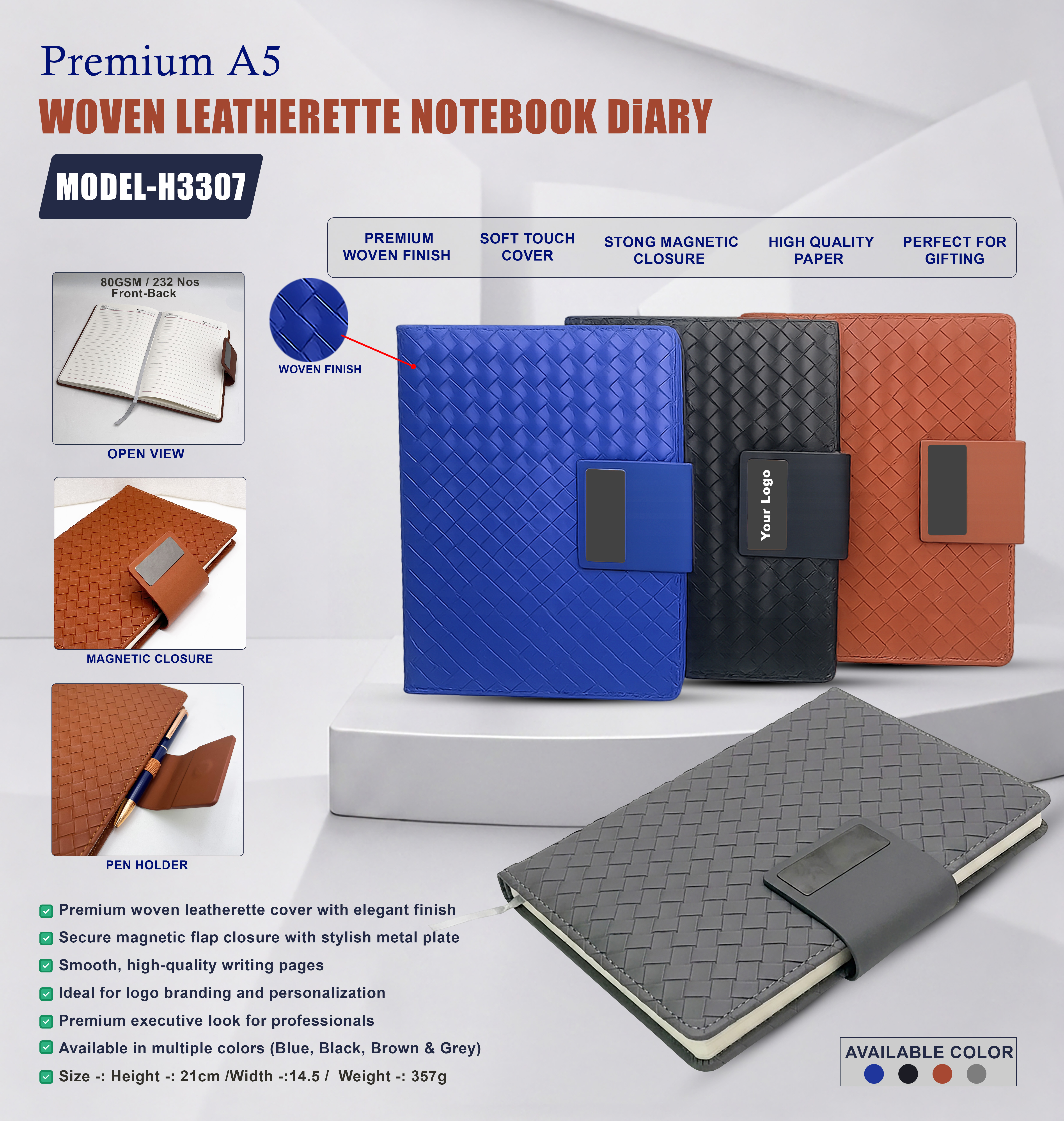 H3307 Premium A5 Woven Leatherette Notebook Diary with Magnetic Closure