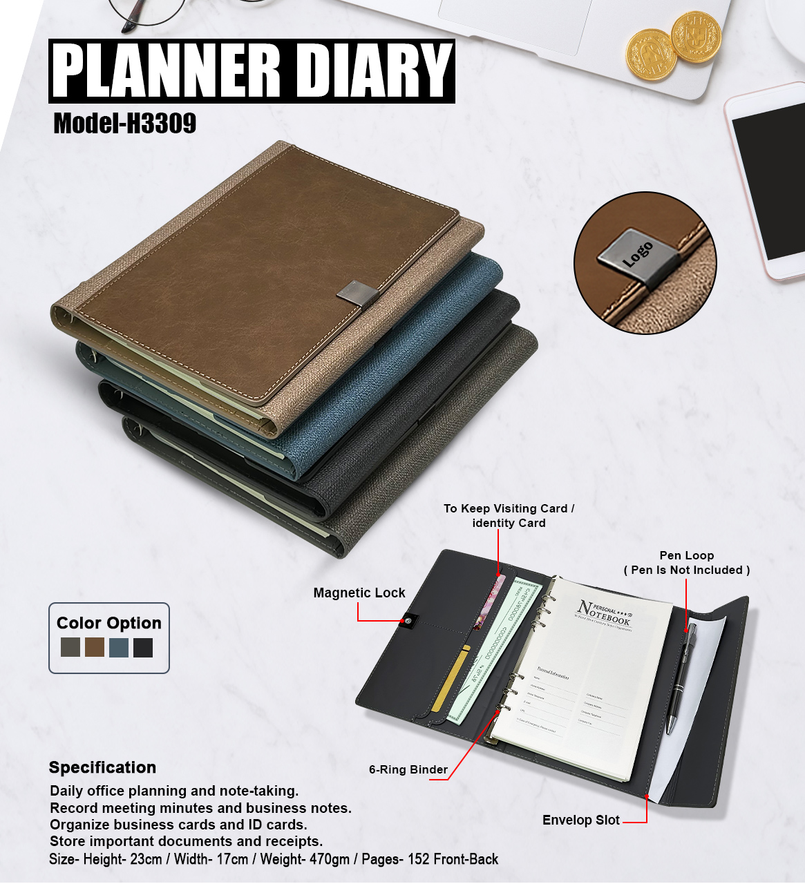 H3309 Premium Planner Diary with Magnetic Lock & 6-Ring Binder for Corporate Gifting