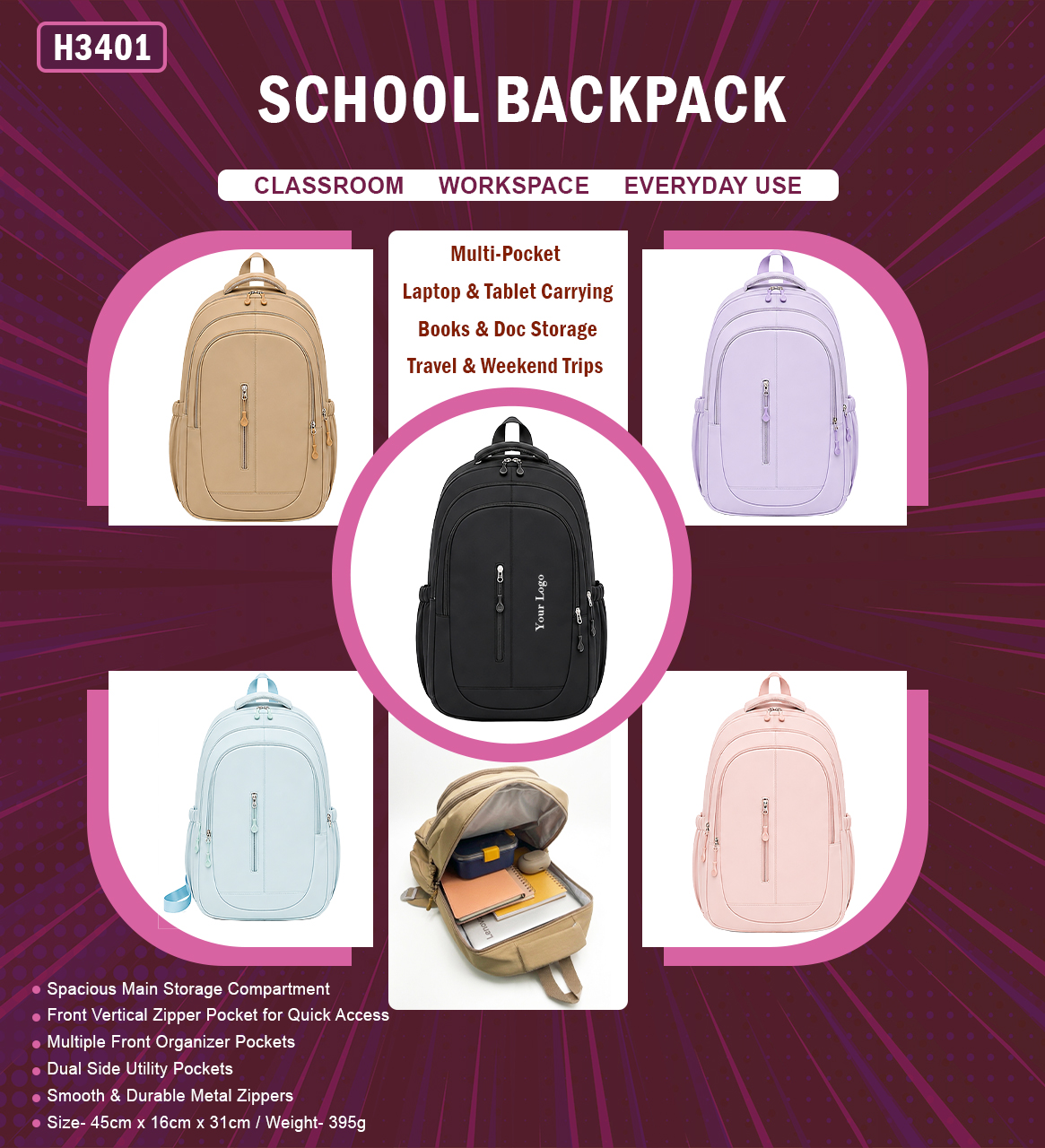H3401 Premium Multi-Pocket School Backpack for Students, Corporate Gifting