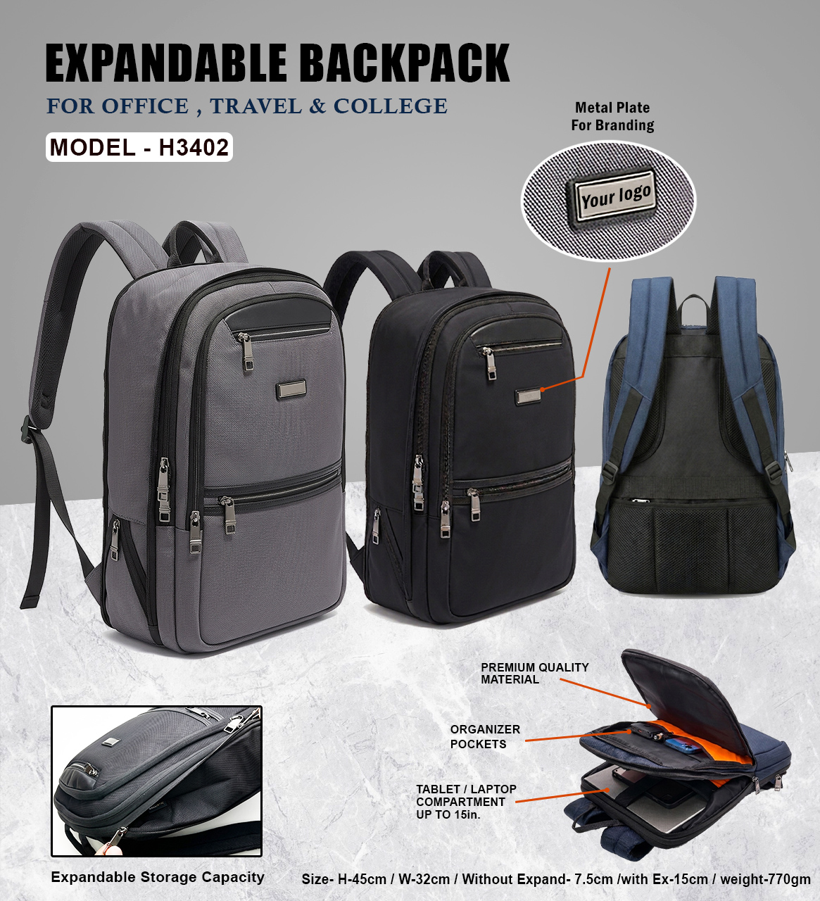 H3402 Expandable Laptop Backpack for Corporate Gifting, Office Travel & Business Use