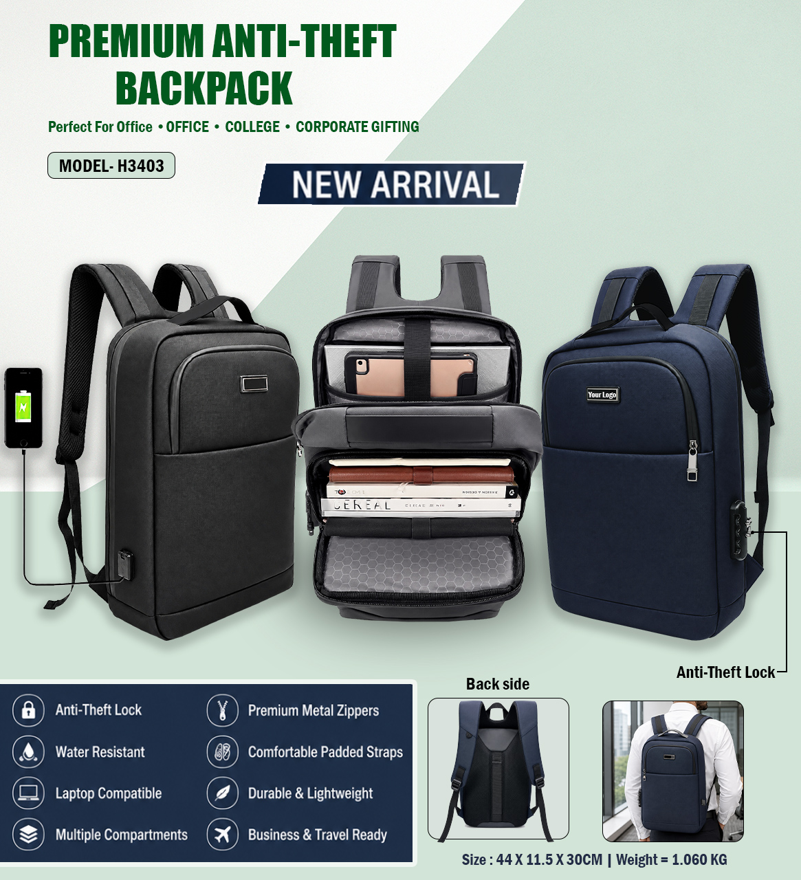 H3403 Premium Anti-Theft Laptop Backpack for Corporate Gifting, Office & Business Travel