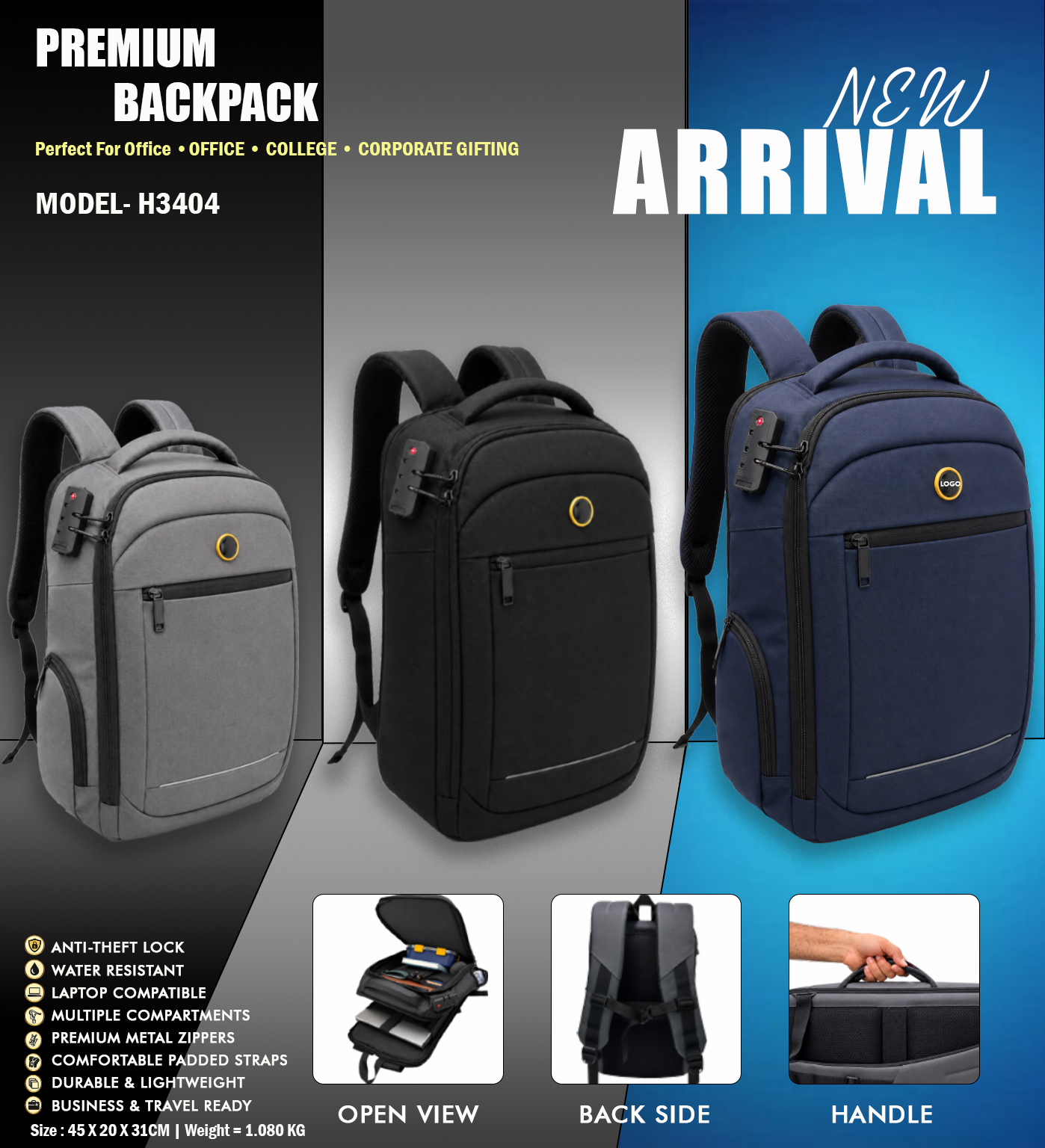 H3404 Premium Anti-Theft Office Laptop Backpack for Corporate Gifting & Business Travel