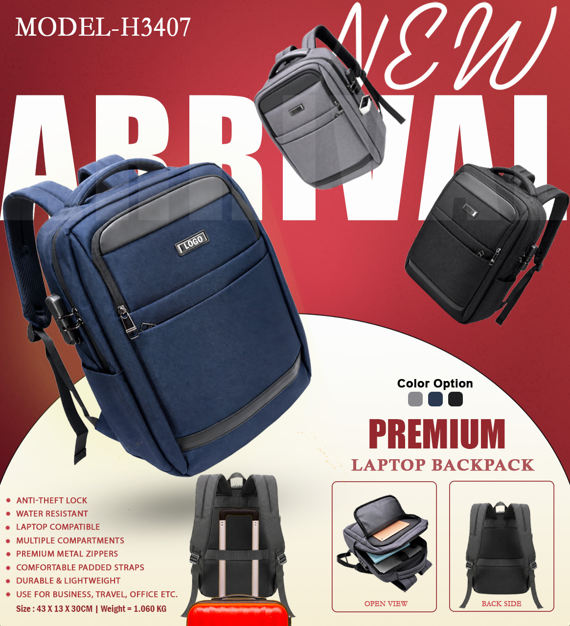H3407 Premium Laptop Backpack with Anti-Theft Design for Corporate Gifting