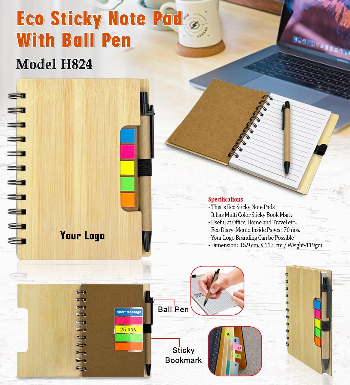 H824 Eco-Friendly Sticky Note Diary with Ball Pen for Corporate Gifting & Promotional Branding