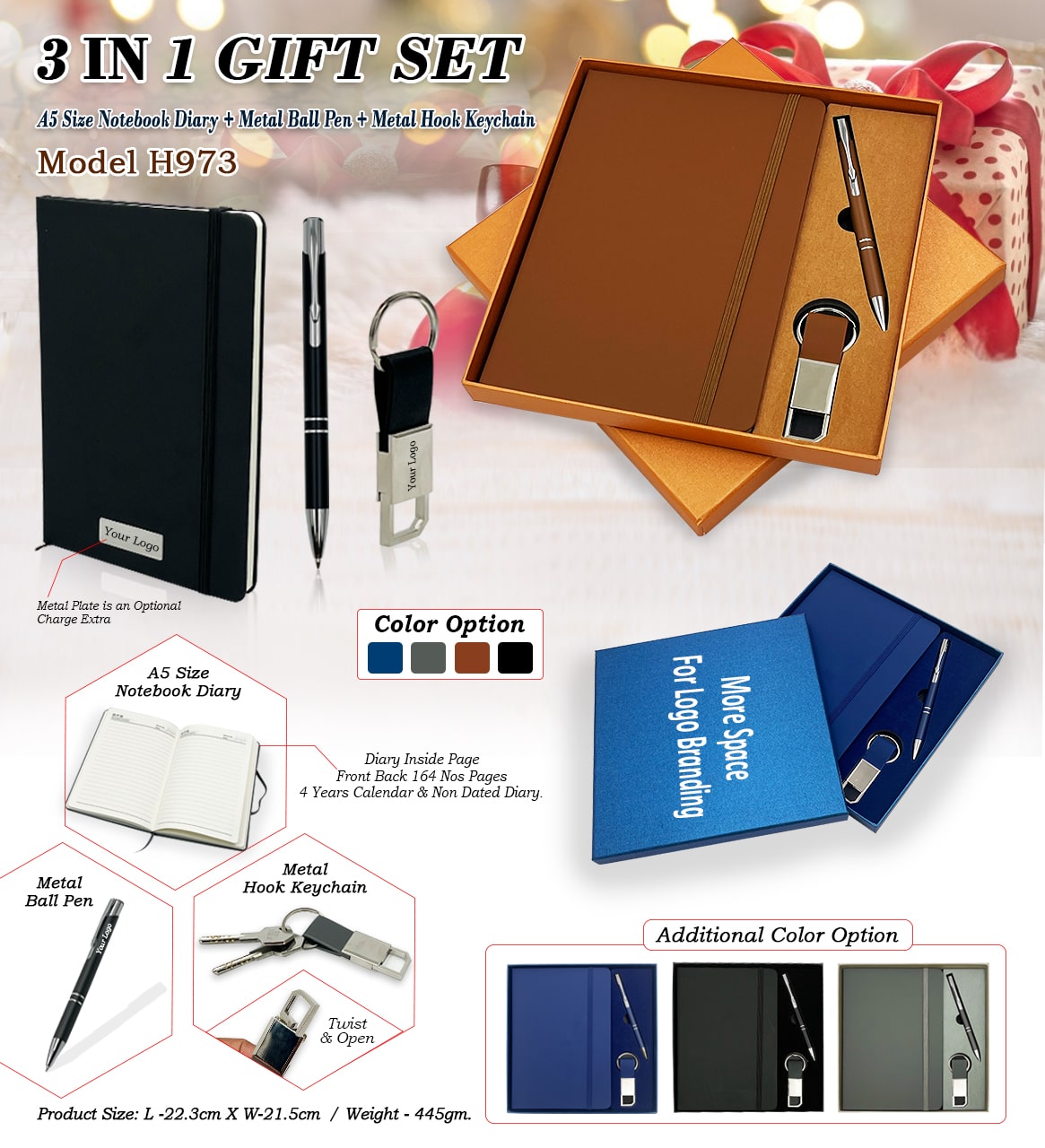 H973 Premium 3-in-1 Executive Gift Set with A5 Notebook, Metal Pen & Metal Hook Keychain for Corporate Gifting