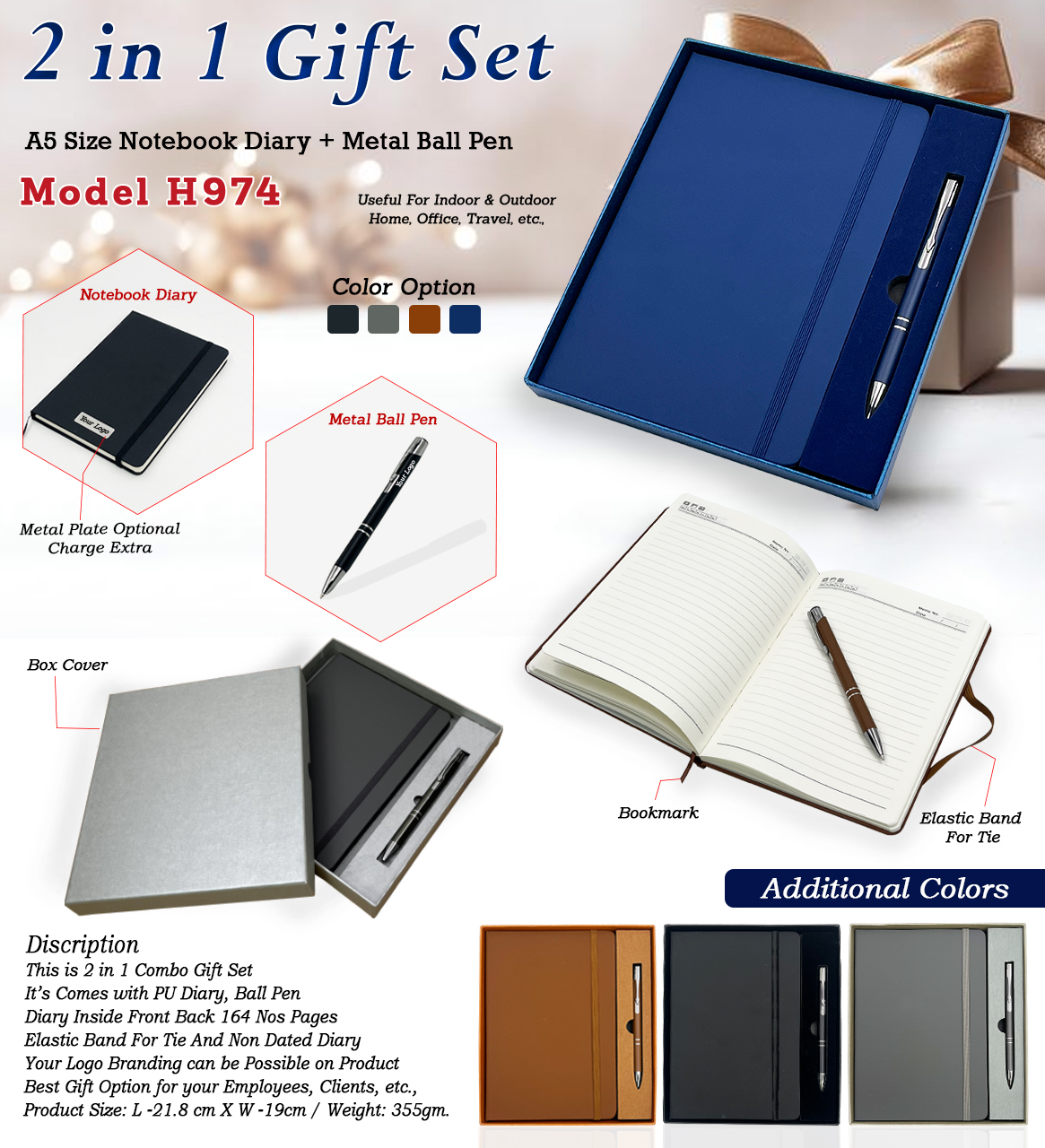 H974 Executive 2-in-1 Corporate Gift Set – A5 PU Leather Notebook Diary & Premium Metal Ball Pen