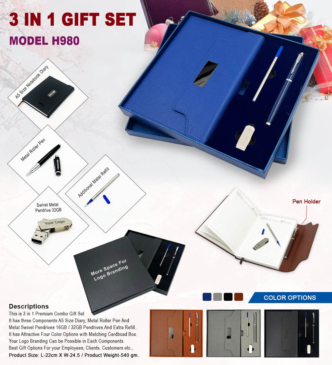 H980 Premium 4-in-1 Executive Gift Set with Diary, Metal Pen & USB Drive for Corporate Gifting