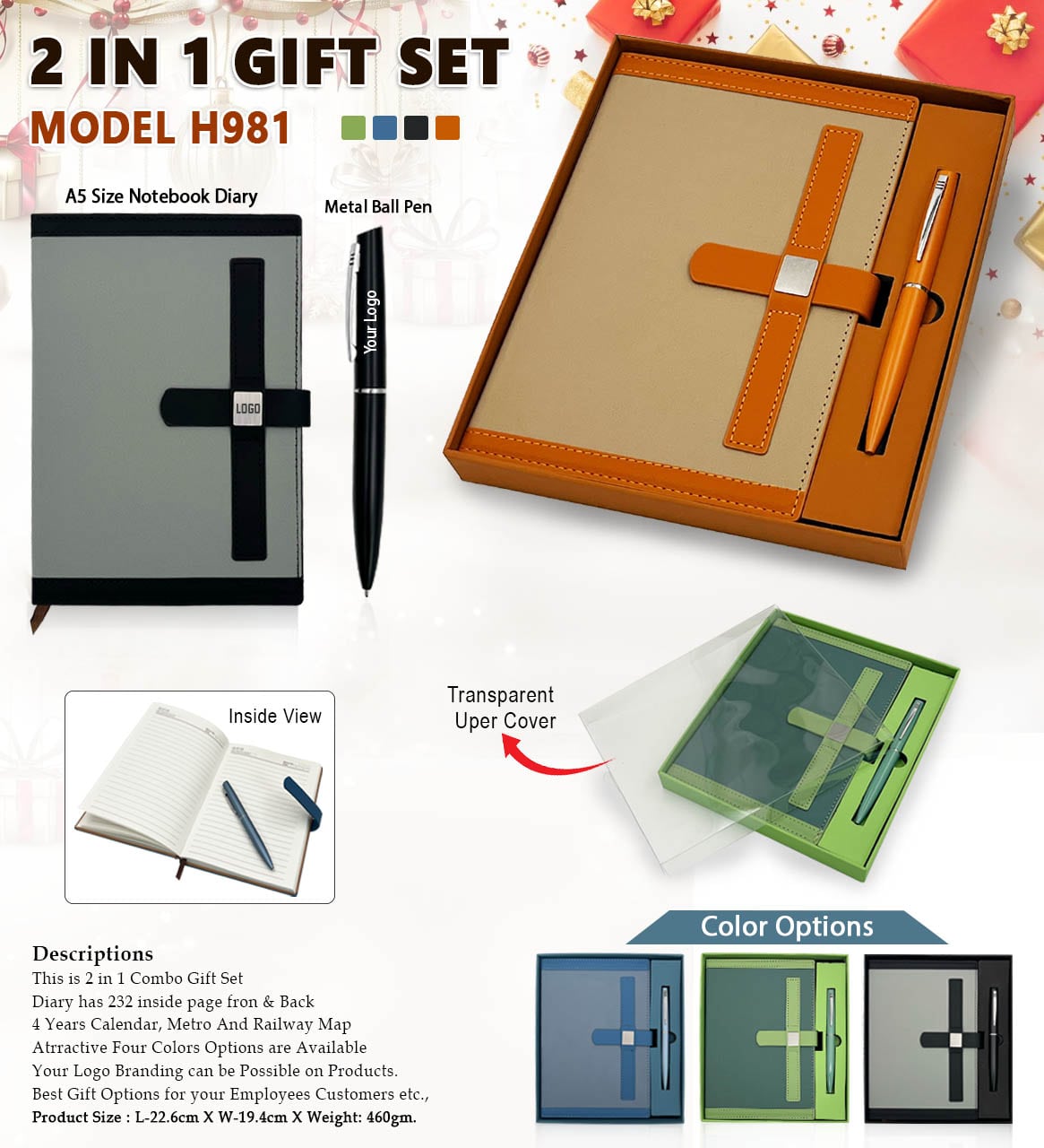 H981 Premium A5 Notebook Diary & Metal Pen Gift Set for Corporate Gifting and Executive Branding