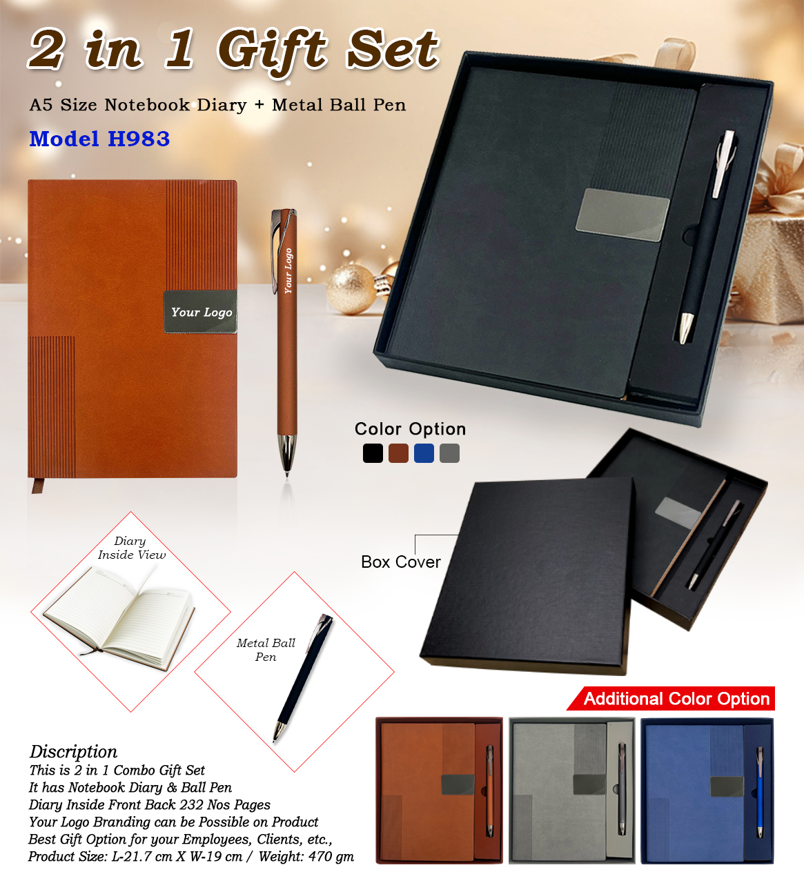 H983 Premium A5 Notebook Diary & Metal Pen Gift Set for Corporate Gifting and Executive Branding