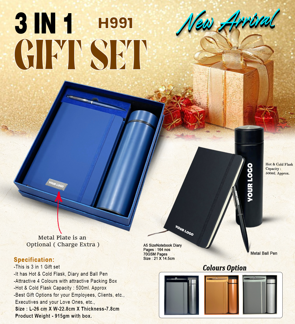 H991 Premium Executive Flask, Diary & Pen Gift Set for Corporate Gifting and Branding