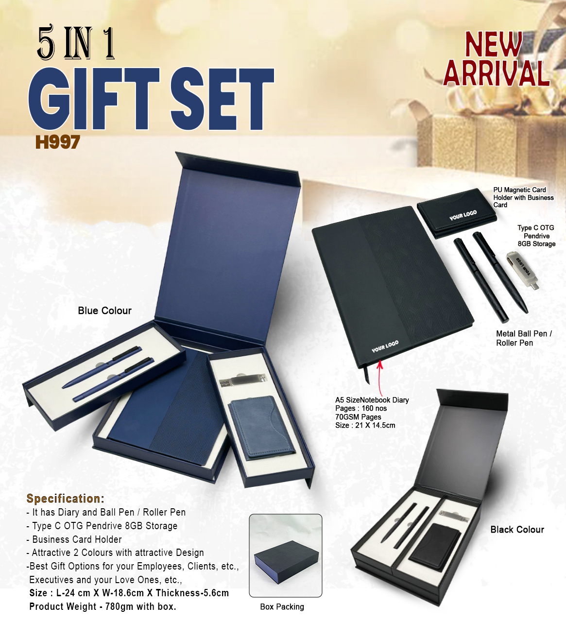 H997 Premium 5-in-1 Corporate Gift Set with A5 Notebook, Dual Pens, Business Card Holder & OTG USB Drive