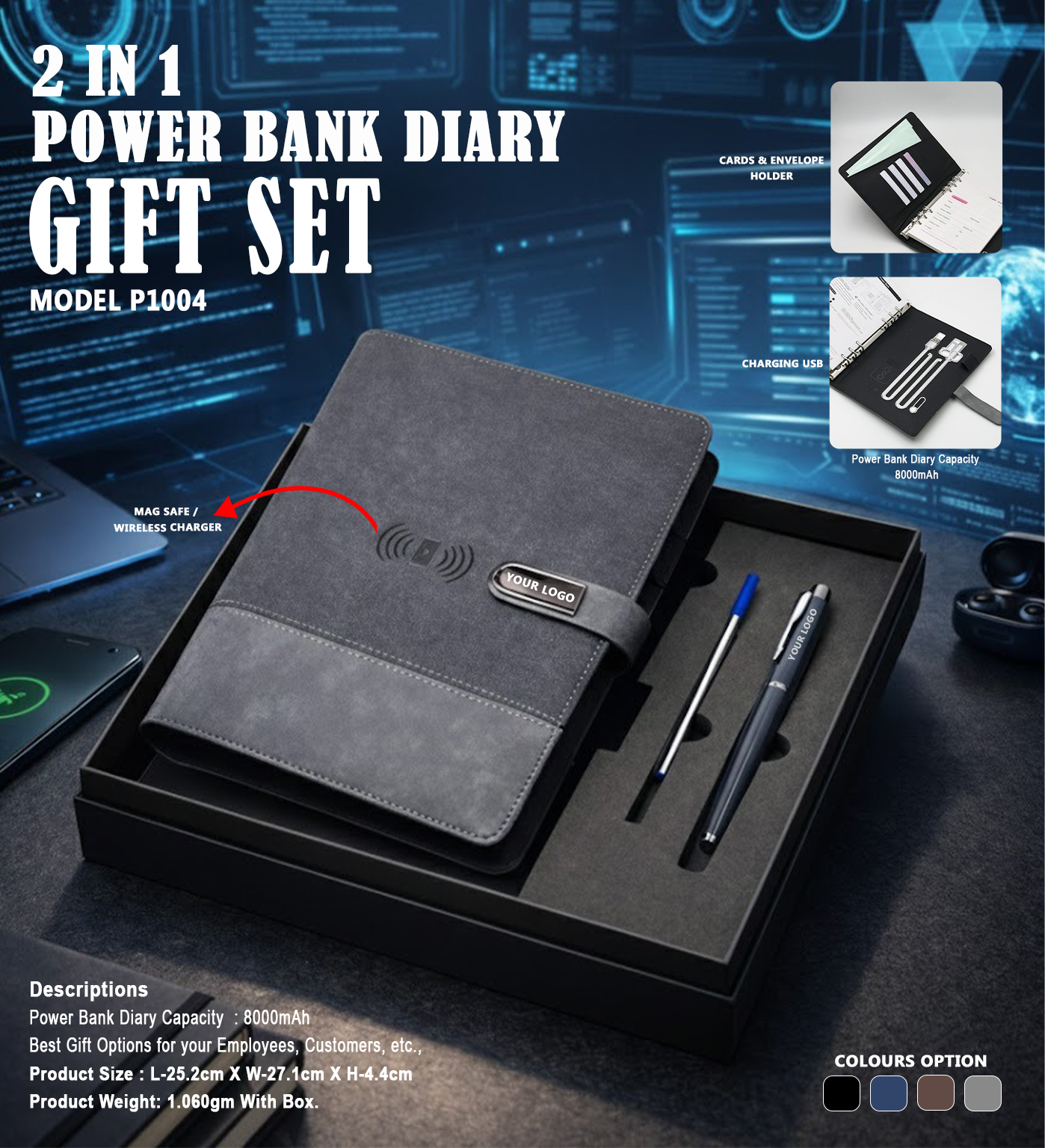 P1004 3-in-1 Power Bank Diary Gift Set with Pen for Premium Corporate Gifting